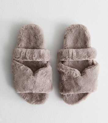 Grey Double Strap Faux Fur Slippers