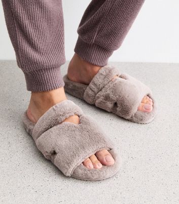 Grey Double Strap Faux Fur Slippers New Look