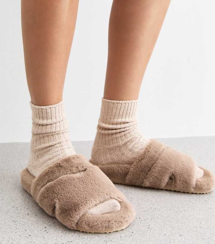 Camel Double Strap Faux Fur Slippers