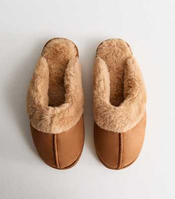 Tan Suedette Faux Fur Trim Slippers