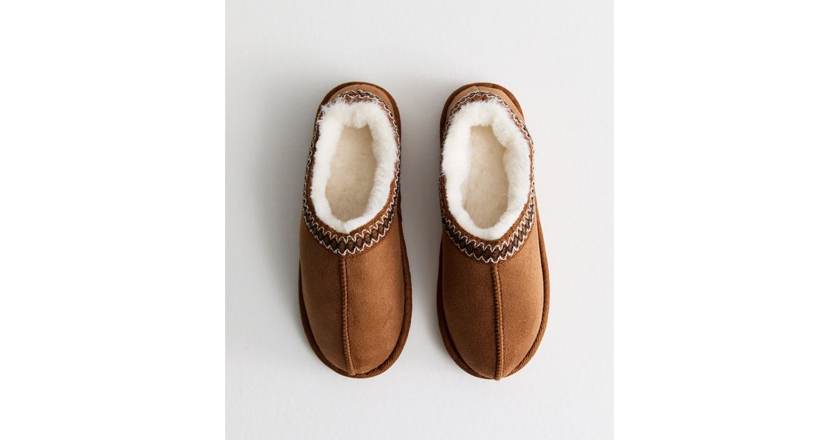 Tan Faux Fur Lined Abstract Print Trim Slipper Boots New Look