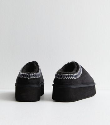 Black Woven Trim Faux Fur Lined Slippers New Look Vegan