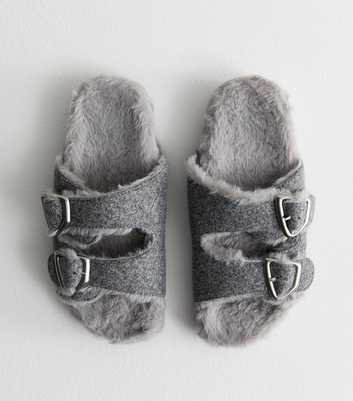 Grey Faux Fur Suedette Double Strap Slippers