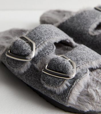 Grey Faux Fur Suedette Double Strap Slippers New Look Vegan