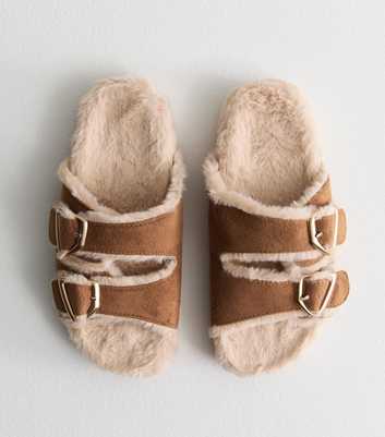 Tan Faux Fur Suedette Double Strap Slippers 