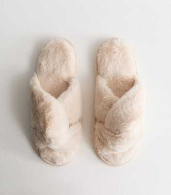 Off White Faux Fur Twisted Strap Slippers