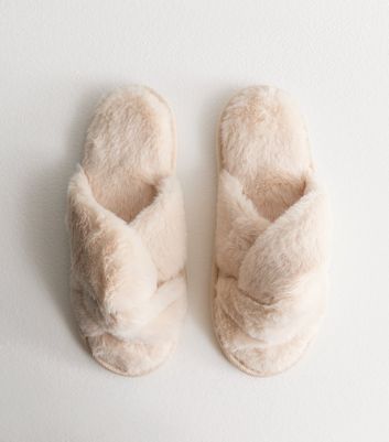 Off White Faux Fur Twisted Strap Slippers New Look