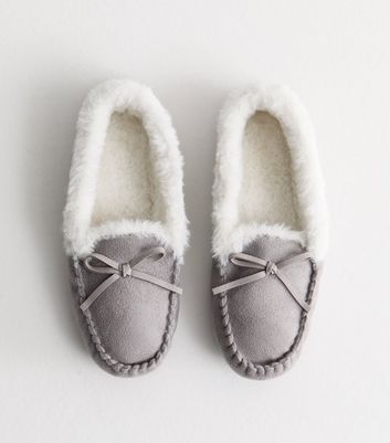 Grey Bow Detail Moccasin Slippers New Look Vegan