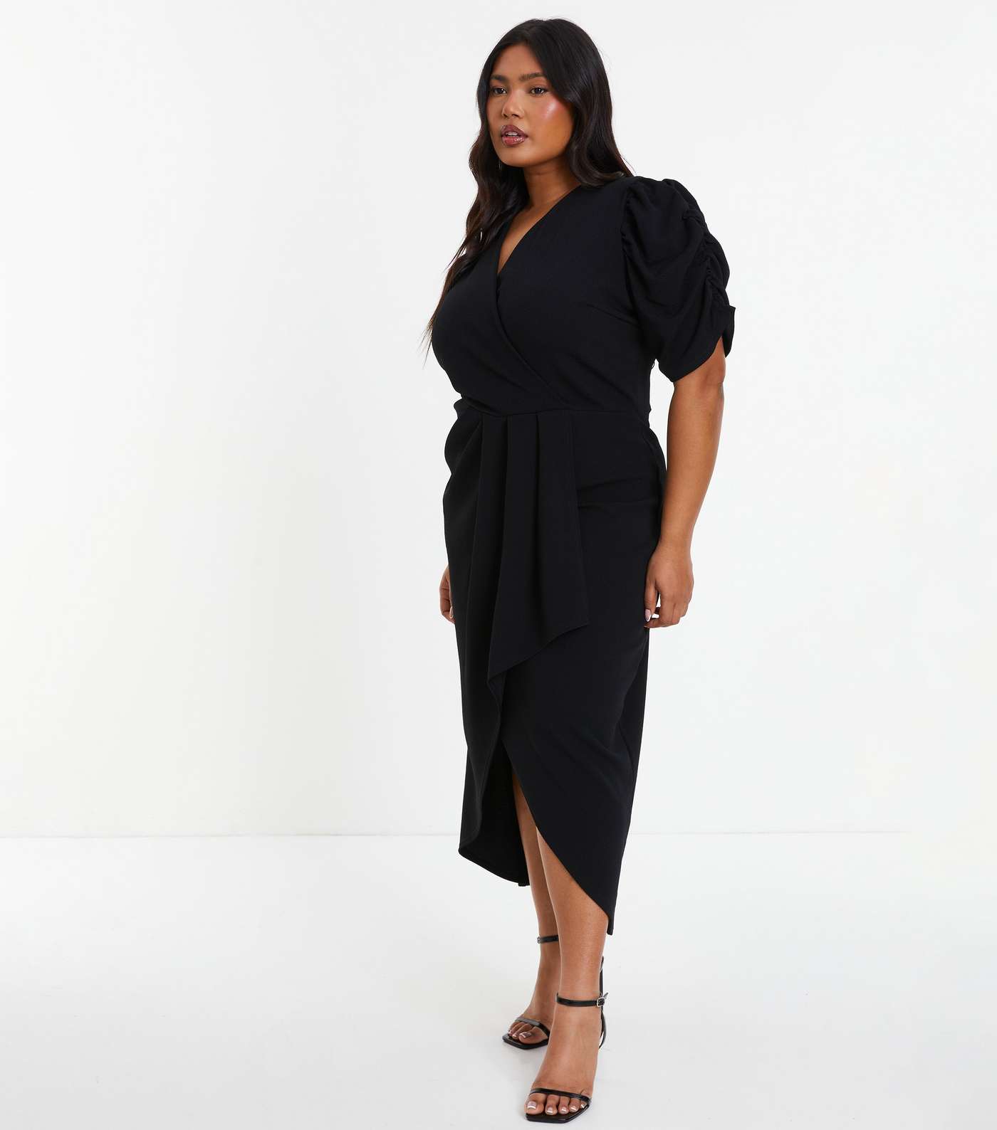 QUIZ Curves Black Ruched Midi Wrap Dress Image 2