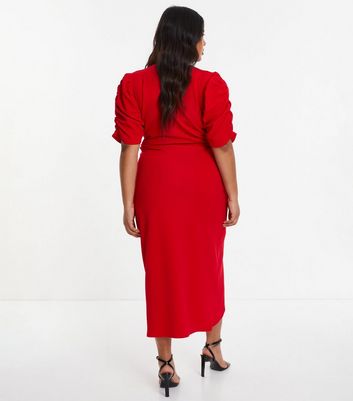 QUIZ Curves Dark Red Ruched Wrap Midi Dress New Look