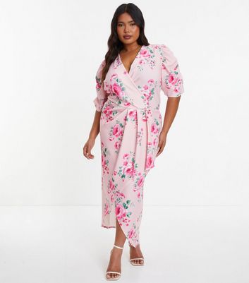 QUIZ Curves Pink Floral Wrap Front Midi Dress New Look