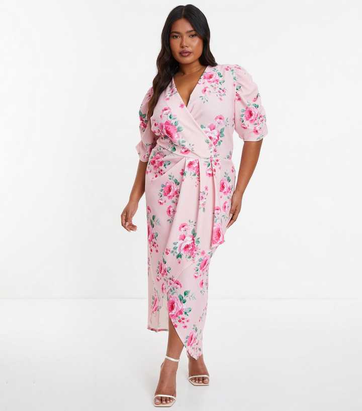 QUIZ Curves Pink Floral Wrap Front Midi Dress