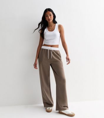 Brown Contrast Waistband Wide Leg Joggers New Look