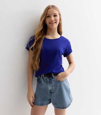 Girls Blue Short Roll Sleeve T-Shirt