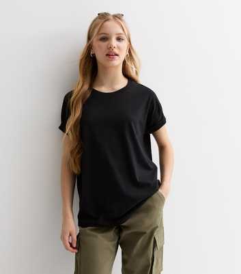 Girls Black Cotton Relaxed Fit T-Shirt