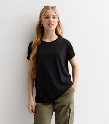 Girls Black Cotton Relaxed Fit T Shirt New Look