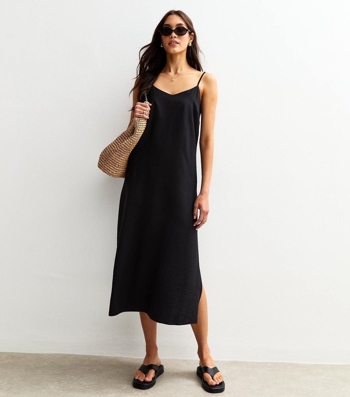 Women's Black Satin Strappy Midi Dress New Look