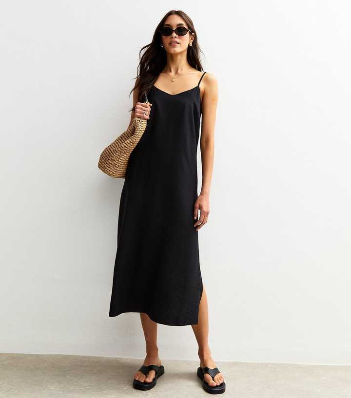 Black Satin Strappy Midi Dress
