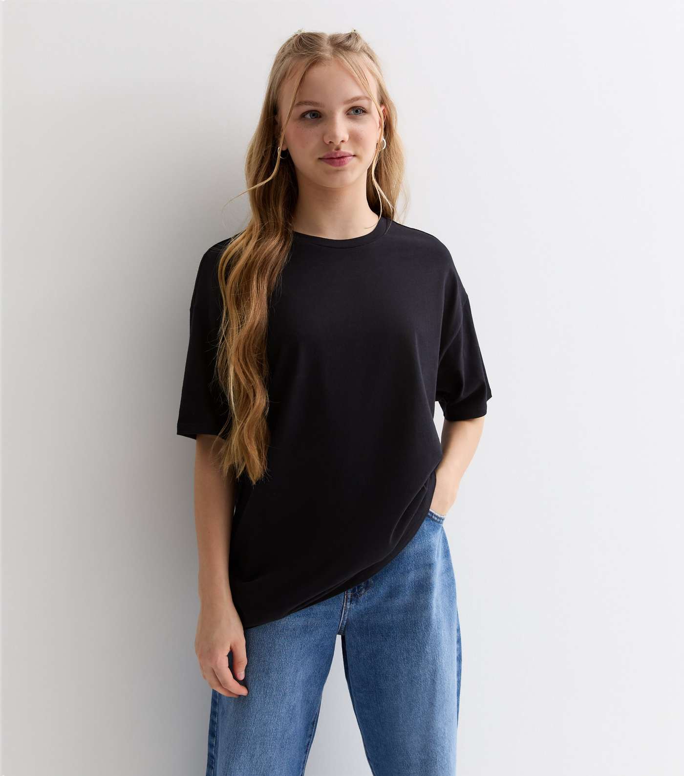 Girls Black Cotton Longline Oversized T-Shirt Image 2