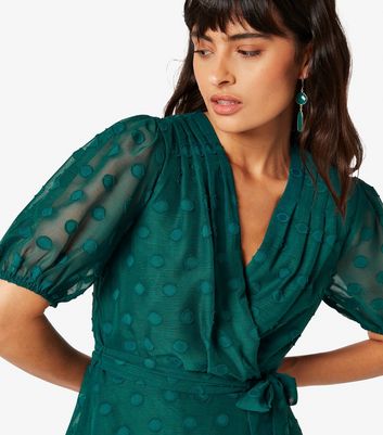 Apricot Dark Green Spot Wrap Mini Dress New Look