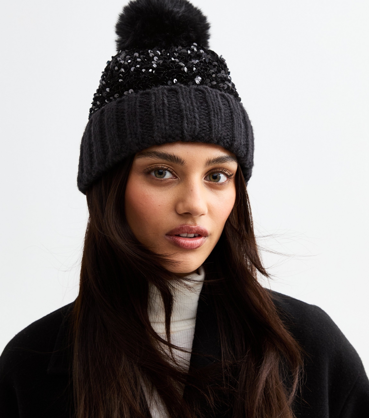 Black Sequinned Bobble Hat New Look