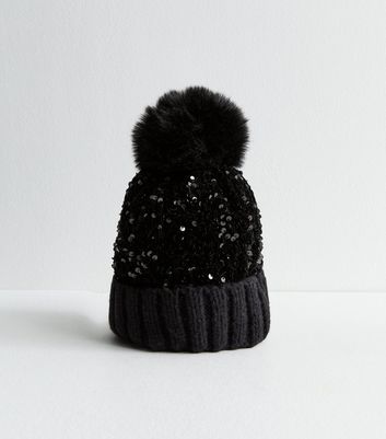 Black sparkle bobble hat on sale