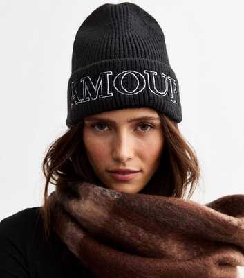 Black Ribbed Amour Embroidered Beanie Hat