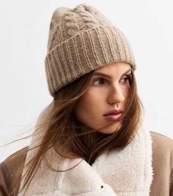 Light Brown Cable Knit Beanie Hat New Look