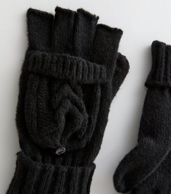 Black Cable Knit Flip Top Gloves New Look