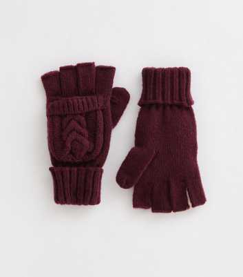 Burgundy Cable Knit Flip Top Gloves