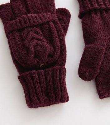 Burgundy Cable Knit Flip Top Gloves New Look