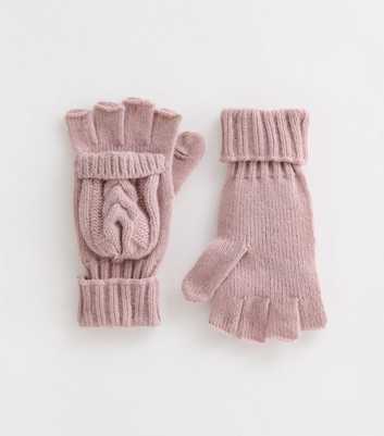 Pink Cable Knit Flip Top Gloves 