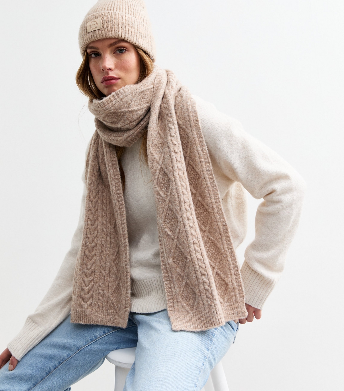 Mink Cable Knit Scarf New Look