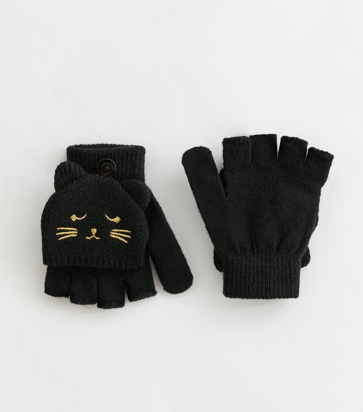 Black Cat Embroidered Flip Top Gloves New Look