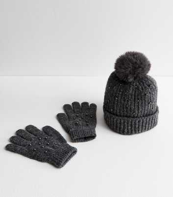 Grey Beaded Hat And Glove Set