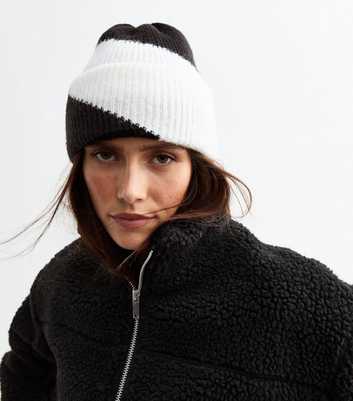 Black Colour Block Ribbed Knit Beanie