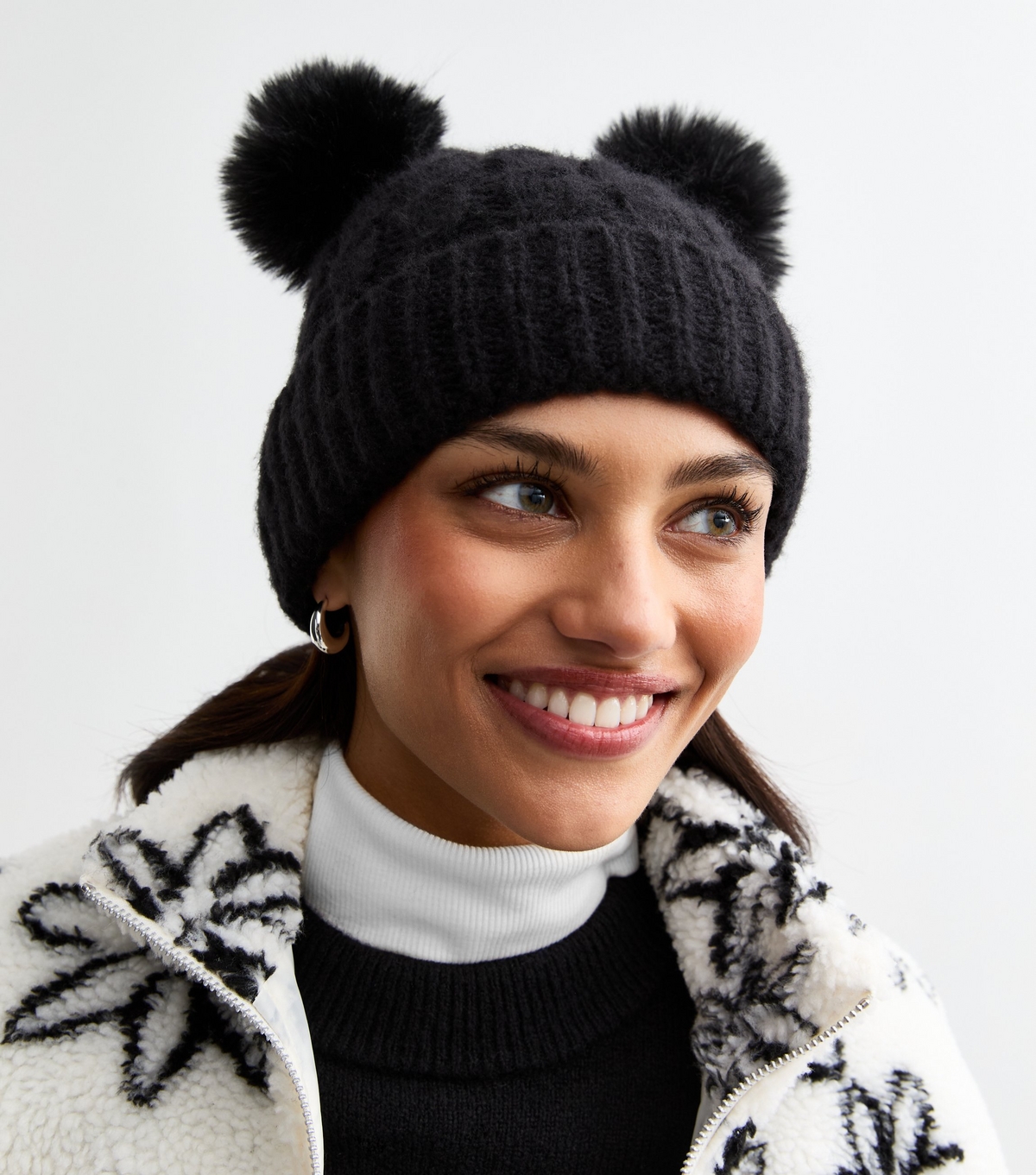 Black Double Pom Pom Cable Knit Beanie Hat New Look