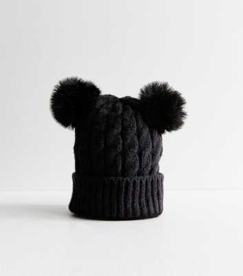 Black Double Pom Pom Cable Knit Beanie Hat