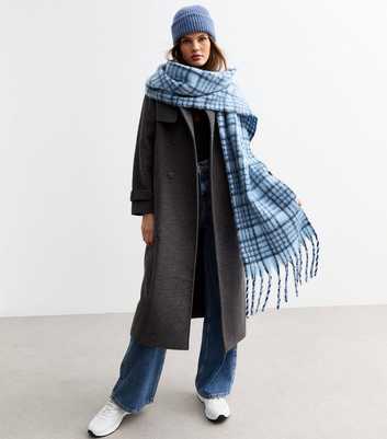 Blue Soft Knit Checked Scarf