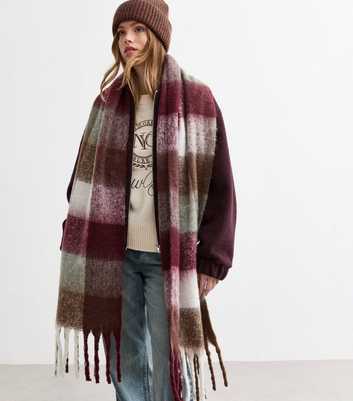 Burgundy Checked Brushed Fringed Scarf