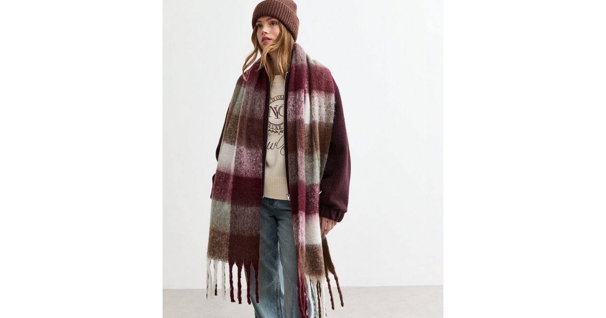 Burgundy Checked Brushed Fringed Scarf New Look