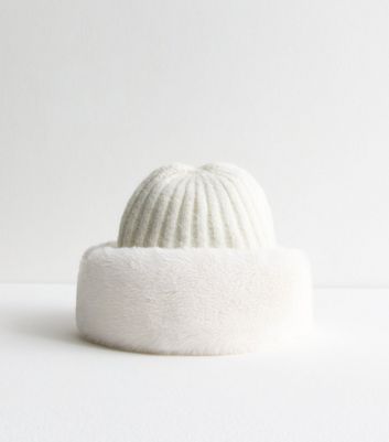 Cream Ribbed Knit Faux Fur Trim Beanie | New Look