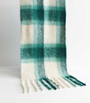 Green Checked Brushed Fringed Scarf