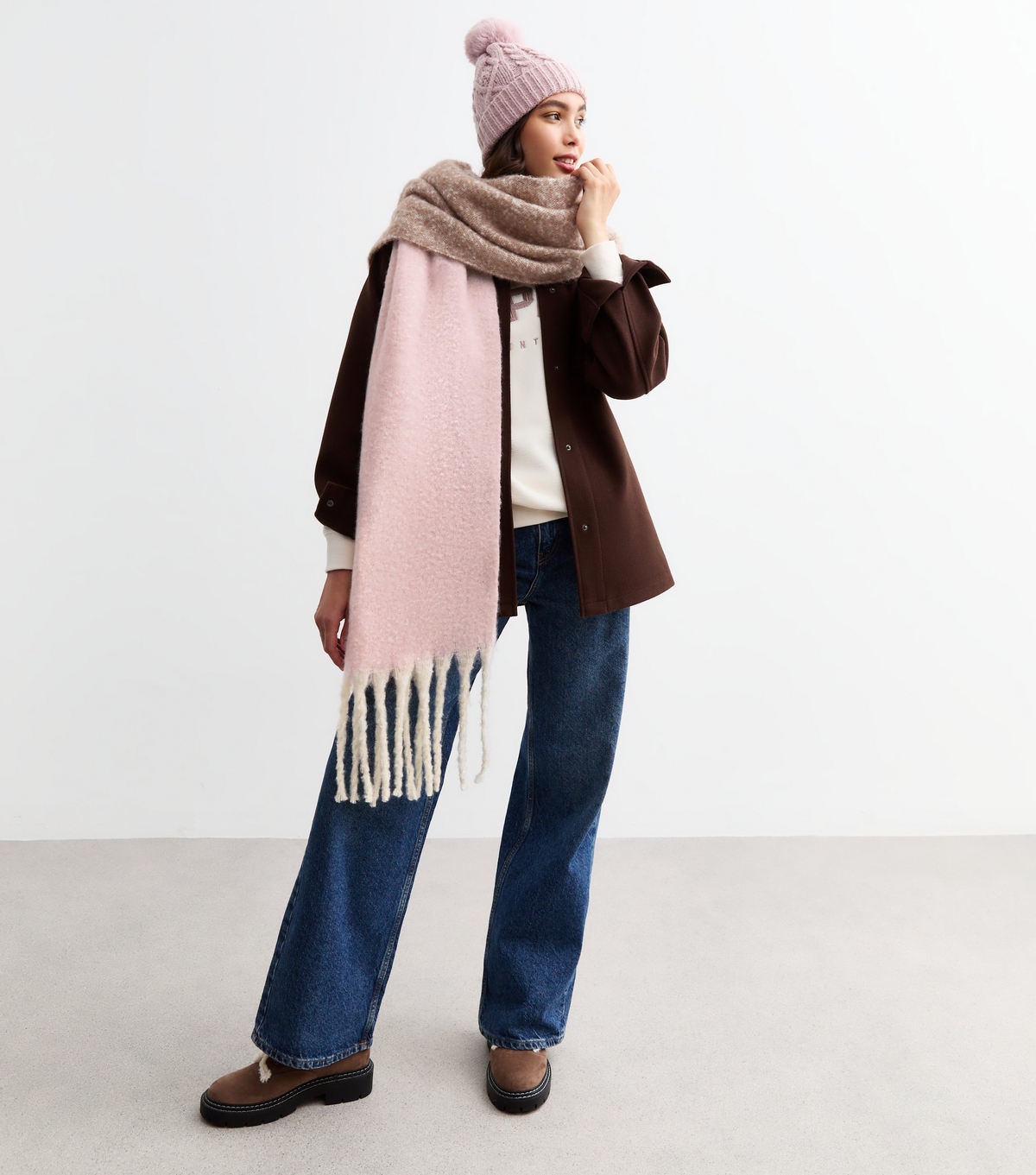 Pink and Brown Brushed Fringed Scarf New Look