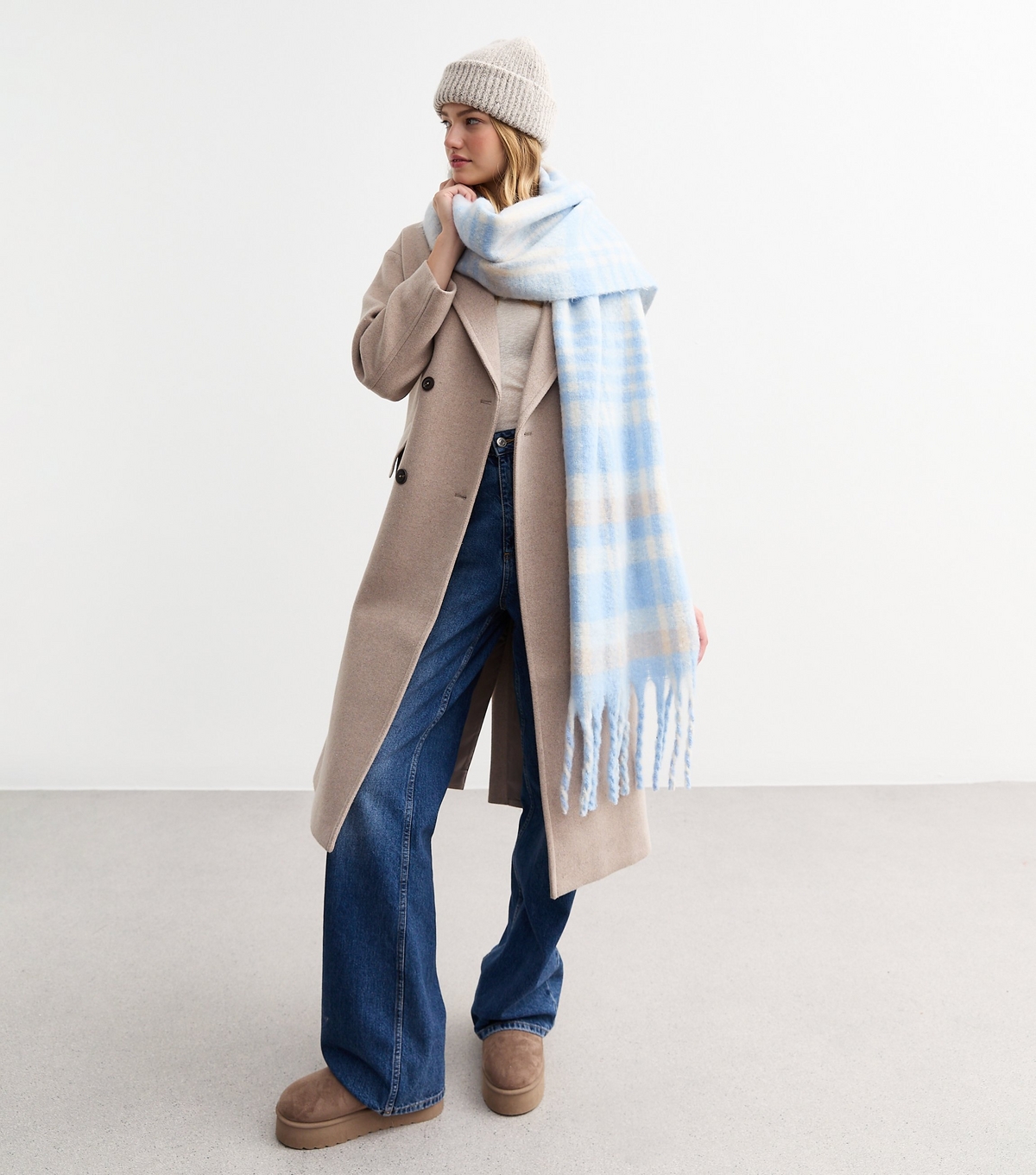 Blue Soft Knit Checked Scarf New Look