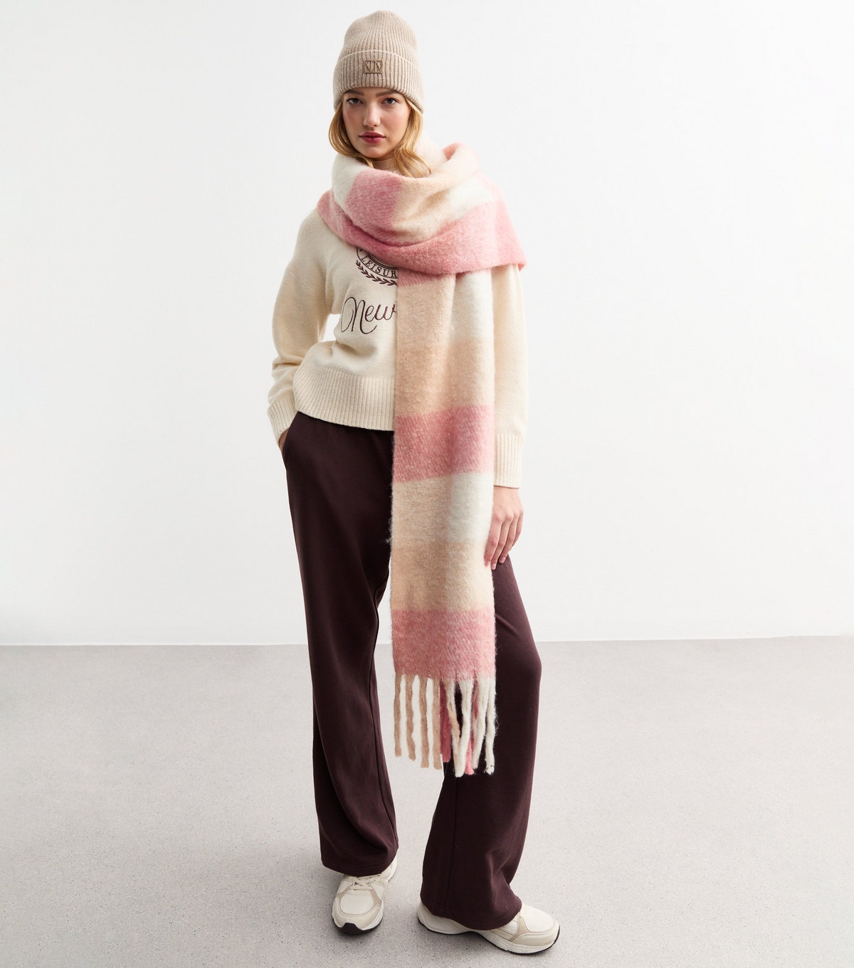 Pink Soft Knit Checked Scarf New Look