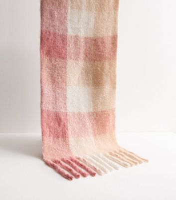 Pink Soft Knit Checked Scarf New Look