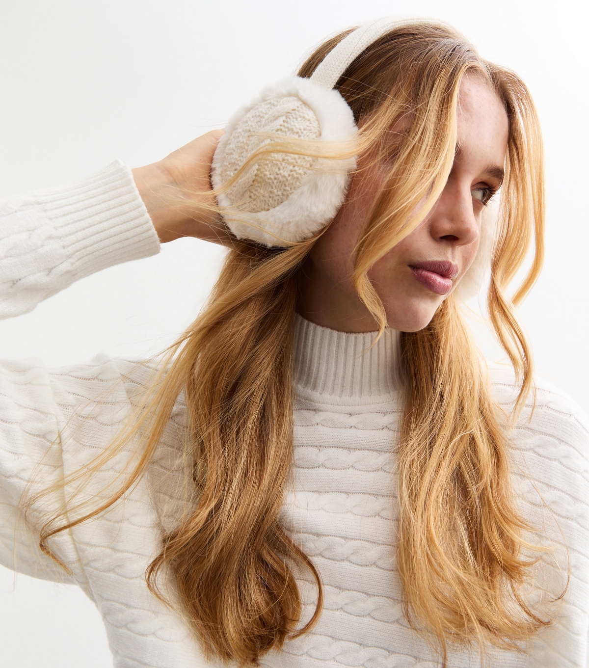 Cream Faux Fur Cable Knit Earmuffs New Look