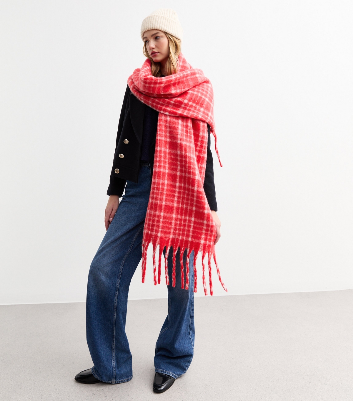 Red Soft Knit Checked Scarf New Look