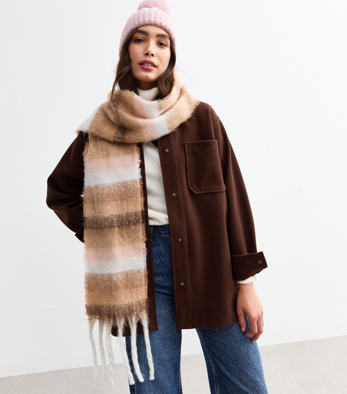 Brown Stripe Brushed Knit Skinny Scarf New Look